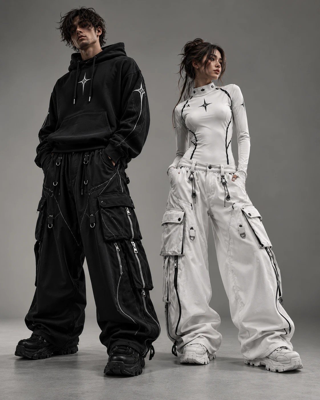 Deux silhouettes en studio : hoodie Éclat et pantalon Sillage noirs, top Vérité et pantalon Sillage blancs